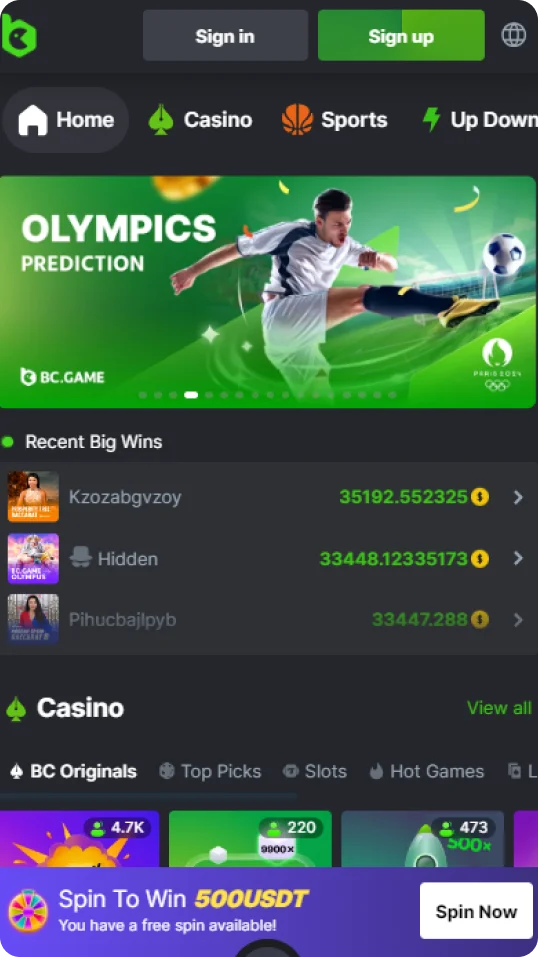 Display of the casino screen interface in the BC Game app.