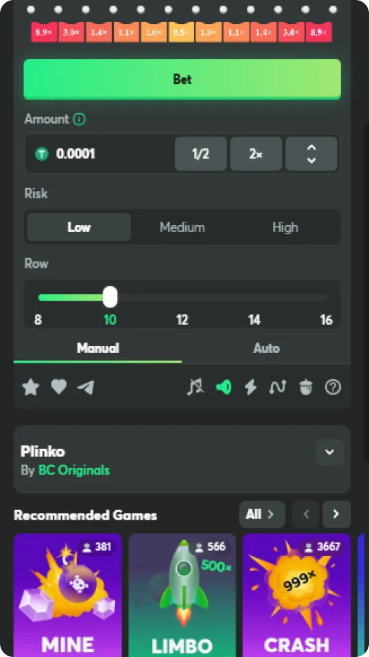 If you don't want to make manual decisions, select Plinko's auto mode at BC Game.