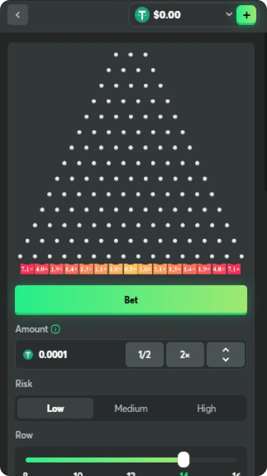 Enter the amount, risk level and number of lines and start playing Plinko at BC Game.